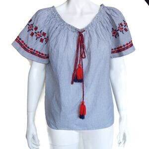 ANN TAYLOR/Loft Embroidered Tassel Boho Hippie Gypsy Blouse Blue White Top M